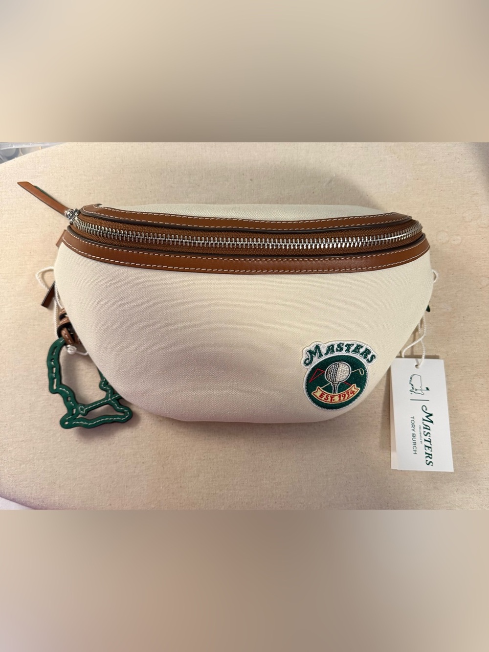 Masters Cream and Brown Canvas Mini Belt Bag with Green Accent